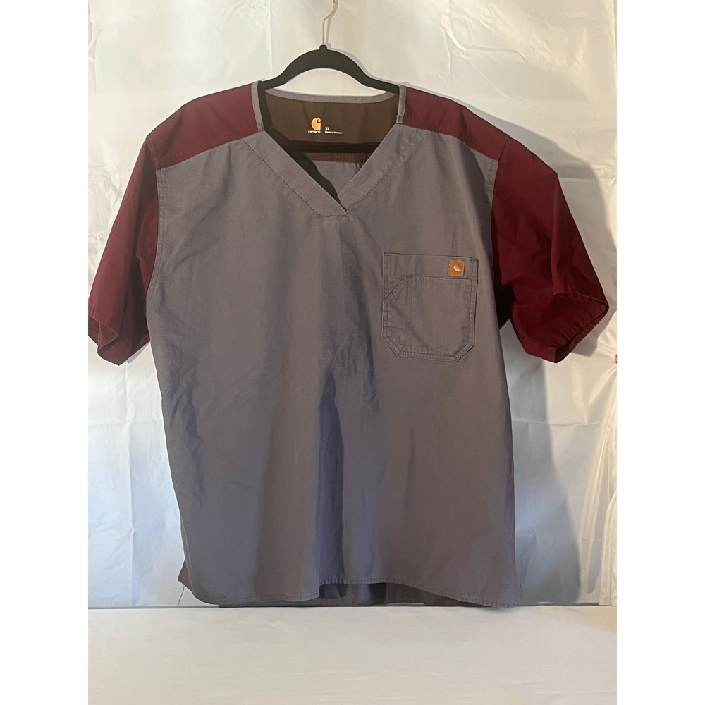 Carhartt Mens XL Liberty Force Scrub Top Gray Burgundy Ripstop V-Neck C14108